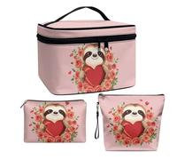 COEQINE 3Pc Makeup Bag Set Cute Sloth Heart Rose Floral Cosmetic Bag Capacity Canvas Mix Travel Toiletry Bag Organizer Cute Makeup Brushes Aesthetic Accessories Storage Bag for Women Leather