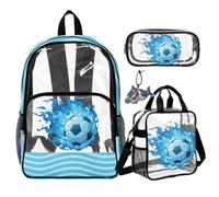 COEQINE 4 In 1 Blue Clear Backpack For Boys 8-12 Kids School Bookbag with Pvc Pencil Pouch Large Capacity Lunch Box Easy To Clean Bookbag for Middle School,Soccer Wave