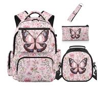 COEQINE 4 In 1 Butterfly Backpack With Lunch Box Set for Kid Book Bags Middle-School Pink Vintage Floral College School Bag for Teen with Pen Bag Mini Backpack Keychain Laptop Daypack