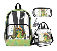 COEQINE 4 In 1 Dino Splash Green Clear Backpack Boys Bag For School Clear Pen Bag Transparent Book Bag With Water Bottle Holder Lunch Box Leather Keychain Back Pack