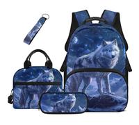 COEQINE 4 In 1 Kids Backpack Boys with Lunch Box Cool Blue Wolf Printed Kids School Book Bag Set with Large Pen Pouch Casual Outdoor Daypack for Elementary Middle-School