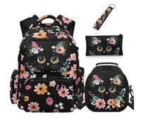 COEQINE 4 Pack Black Cat Backpack With Lunch Box Pencil Box Set for Kids School Bag 1ST Grade Floral Vintage School Back Pack Kids with Pencil Pouch Keychain Backpack Back to School Gifts