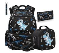 COEQINE 4 Pack Boys Backpack with Lunch Box Set Middle-School Book Bag Kids Dino Space Blue Keychain Backpacks Holder 1ST Grade Book Bags With Laptop Compartment and Pencil Pouch for Walking
