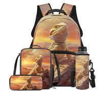 COEQINE 4 Pack Lizard School Backpack for Teens Boys with Lunch Box Set Toddler Backpack and Water Bottle Set Boy 6-8 Age Middle School Shoulder Bag for Student Cool Animal Themed