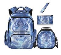 COEQINE 4 Pack School Backpack for Teens Boys Back To School Bag Blue Tiger Lightning Kids Backpacks Travel Large Capacity Pencil Case Keychains for Backpack Back to School Gifts