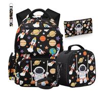COEQINE 4 Pcs Astronaut Rocket Colorful Backpack with Lunch Box Kids Boys Bookbag For High School Boys 12-14-16 Lightweight School Book Bags with Keychain Pencil Case for Girls for Travel Daypack