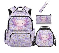 COEQINE 4 Pcs Axolotl Lunch Box And Backpack for Kids School Book Bag Purple Vintage Daisy Bookbag Kids Elementary Middle-School Pencil Pouch Cute Backpack Keychains for Teen Travel