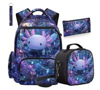 COEQINE 4 Pcs Axolotl Purple Backpack With Lunch Box Set for Boys School Bag for Middle-School Purple Galaxy Backpack Keychain Kids Book Bags with Pencil Case Back to School Gifts,Mochilas De NiñOs