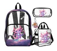 COEQINE 4 Pcs Axolotl Space Clear Backpack For School With Lunchbox Set Kids School Bag For Girls 8-12 Large Pencil Bag with Water Bottle Holder Cute Animal Print Keychain Backpacks for Middle-School
