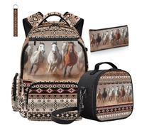 COEQINE 4 Pcs Aztec Backpack with Lunch Box Kids Boys Schol Bookbag with Portable Keychain Horse Bookbag For Kids 1ST Grade Large Pencil Case for Teen 10-12 for Picnic Camping Daypack,Mochila NiñO