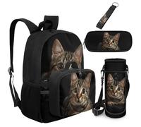 COEQINE 4 Pcs Black Cat Backpack with Lunch Box Kids Girls Kid School Bag Set for 1ST Grade With Water Bottle Holder Big Pencil Case Keychain Bookbag for Walking