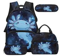COEQINE 4 Pcs Blue Axolotl Galaxy Ocean Animal Backpack with Lunchbox for Girls for 6-16 Printed Big Bookbag Have A Place for Water Bottle Silverware Pouch Cute Pencil Pouch