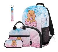COEQINE 4 Pcs Capybara School Backpack for Girls with Lunch Box Set Floral Pink Big Pencil Case Pouch with Zipper Lightweight School Shoulder Bag for Grades 1-3 for Travel Ruckpack
