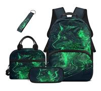 COEQINE 4 Pcs Kids Backpack with Lunch Box Boys Cool Green Wolf Lunchbag Bookbag for Kids School with Keychain Portable Big Pencil Cases Back to School Gifts