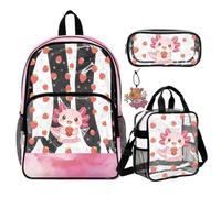 COEQINE 4 Pcs Pink Strawberry Kids Clear Backpack for School Heavy Duty Large Capacity Axolotl Book Bag For Girls 8-12 with Pencil Case Large Capacity Waterproof Material Laptop Daypack,43.2cm