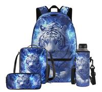 COEQINE 4 PCS White Tiger Backpack for Boys Cool Kindergarten Book Bag Lunch Box and Water Bottle Boys Travel 1St Grade Cars Backpack for Toddler Boys Large Capacity School Bag Set for Kids 4-6