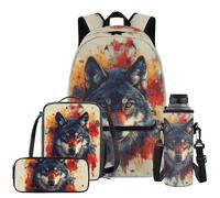COEQINE 4 Piece Backpack Set for Teen Boys Cool Wolf Book Bag for Boy with Lunch Box Kindergarten 1St Grade Backpack Boys Large Capacity School Bag Set for Boys 9 with Water Botter 4 Pcs