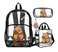 COEQINE 4 Piece Black Clear Backpack for School Girls with Lunch Box Large Book Bag For Boys Pencil Pouch Capybara Reading Math Printed Heavy Duty See Through Kid School Backpack for Middle-School