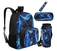 COEQINE 4 Piece Blue Kids School Bag Set, Backpack for Girls with Detachable Lunchbox Wolf Lightning Printed Book Bags For Kids Middle-School With Laptop Compartment Big Pencil Pouch Birthday Gifts