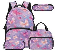 COEQINE 4 Piece Butterfly Purple Pink Backpack Sets for Girls for 6-14 17Inch Bookbag Have A Place for Water Bottle Silverware Pouch Cute Pencil Case for Elementary Middle-School