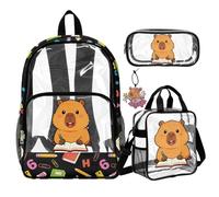 COEQINE 4 Piece Capybara Student Math Clear Backpack For Girls With Lunch Bag Pencil Box Keychain Set Kids School Bag with Water Bottle Holder Printed Bookbag for College Workplace Security