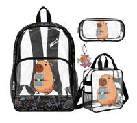 COEQINE 4 Piece Capybara Studing Black Math Printed Clear Plastic Backpack for Kids with Lunch Box Book Bag with Pen Bag Bookbag for Girls Middle Highschool for Various Activities,43.2cm