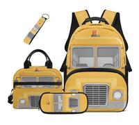 COEQINE 4 Piece Car Backpack with Lunch Box for Boys 4-6-8-12 School Bus Yellow Large Pencil Pouch Kids School Bag for 1ST Grade with Water Bottle Holder Lpatop Bookbag Daypack
