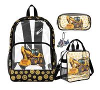 COEQINE 4 Piece Car Excavator Smiley Clear Blue Backpack For Boys Heavy Duty Large Capacity PVC Transparent Bookbag with Clear Pencil Case Cute PVC Lunch Bag Laptop Bookbag With Water Bottle Holder