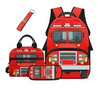 COEQINE 4 Piece Car Kindergarten Backpack for Boys with Lunchbox Fire Truck Bright Kids' Backpacks with Water Bottle Holder Large Colored Pencil Case Keychain for for Elementary Middle-School Book Bag