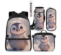 COEQINE 4 Piece Cute Penguin Backpack with Lunch Box Kids Girls Second Grade Detachable Lunchbag Bookbag For Kids School With Keychain Portable Big Pencil Cases Back to School Gifts