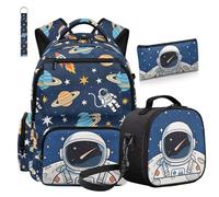 COEQINE 4 Piece Kids Backpack Boys with Lunch Box Astronaut Rocket Space Printed Bookbag For Elementary School Lightweight Backpacks for Girls Boy with Keychains and Large Pencil Case Travel Rucksack