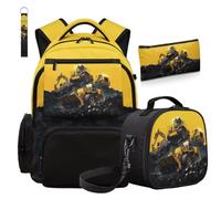 COEQINE 4 Piece Kindergarten Backpack for Boys with Lunchbox Set Kids Book Bag for Elementary-School Truck Car Yellow Children's Backpacks with Large Pen Case and Keychain for Walking Picnic