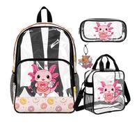COEQINE 4 Piece Pink Durable Pvc Clear Backpack for Girls with Lunch Bag Pencil Case Set Toddler Bookbag Axolotl Donuts Heat Keychain Book Bag for Girls Middle-School Comfortable for All-Day Wear