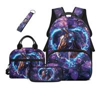 COEQINE 4 Piece Purple Backpack with Matching Lunch Box for Girls Horse Printed Large Pencil Case Set for Kids School Bag 1st Grade with Front Pocket Elementary-School Bookbag Laptop Daypack