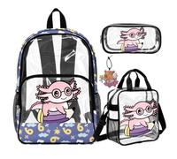 COEQINE 4 Piece Purple Clear Backpack For Girls with Lunch Bag Heavy Duty Axolotl Math School Bookbag Large Pen Case Pvc Durtable Transparent Backpacks for Kid Bookbag for Teen Laptop Daypack