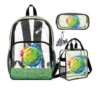 COEQINE 4 Piece Tennis Green Clear Backpack For Boys 8-12 Heavy Duty Large Capacity Back Pack with Clear Pencil Pouch Cute Transparent Lunch Box Schoobag Hold 15.6-Inch Laptop for Middle-School