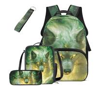 COEQINE 4 Pieces Preschool Wolf Backpack and Lunch Box Set Boys 4-6Y Cool Kids School Bag for Boy Ages 6-8 Wolf Middle School Big Kids Bookbag Ages 8-12 Boys for Travel Ruckpack