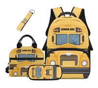COEQINE 4Pcs Car Backpack with Lunch Box Boys 8-10 School Bus Tan Backpacks for Kids with Big Pencil Pouch Travel Book Rucksack 1ST Grade for Elementary Middle-School