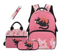 COEQINE 4Pcs Pink Strawberry Backpack with Lunch Box Kids Girls School Bag for 1ST Grade with Lunchbox Toddler Bookbag with Keychain Portable Pen Pouch, Cat Black