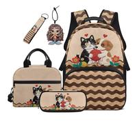 COEQINE 5 In 1 Cat Backpack With Lunchbox 44cm Toddler Book Bag Dog Kit Heart Durable Pencil Case Pouch Keychain Lightweight Laptop Handbags for School & Outdoor