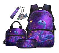 COEQINE 5 In 1 School Backpack With Lunch Bag Set for Kids Preschool Bookbag Lightweight with Blue Snake Butterfly Pen Pouch Portable Keychain College Backpack With Laptop Compartment for Students
