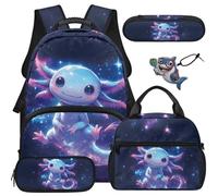 COEQINE 5 Pcs Axolotl Backpack with Lunchbox for Girls for 6-16 Neon Purple Galaxy Printed Big Bookbag Have A Place for Water Bottle Silverware Pouch Cute Pencil Pouch Keychains For Schoolbag