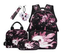 COEQINE 5 Pcs Axolotl Backpacks for Kids School Bag Set for Girls 1ST Grade Elementary Back Pack And Lunch Box Set Durable Cute Pencil Case Axolotl Keychains For Teen Laptop Bag Back-to-School Gifts