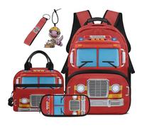 COEQINE 5 Pcs Bright Red Fire Truck Kids Backpack Boys with Lunch Box 44cm Kids School Backpacks Boys 4-5 Years Old Leakproof Pencil Pouch Portable Keychain Laptop Backpack for Casual
