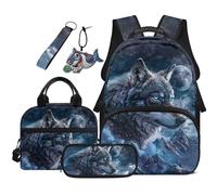 COEQINE 5 Pcs Cool Snow Wolf Backpack for School Set for Boys Book Bag with Lunchbox Leakproof Include Large Pencil Case Waterproof Keychain 44cm Backpacks For Laptop for Elementary School Daily