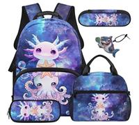 COEQINE 5 Pcs Cute Axolotl Backpack for School Girls with Lunch Box for 6-12 Galaxy Ocean Animal Printed Large Bookbag with Front Zipper Pocket Utensils Bag Pen Pouch Schoolbag Keychains for Travel