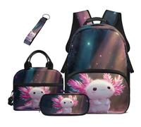 COEQINE 5 Pcs Cute Axolotl School Backpack Set for Girls 7-12 Kids School Bag with Insulated Lunchbox with Strap and Pink Starry Pencil Case Cute Spacious Bookbag Keychains For Laptop Rucksack