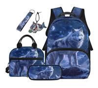 COEQINE 5 Pcs Kindergarten Backpack With Lunch Box for Boys Lightweight Blue Wolf Bookbag For Elementary Grades 3-6 Girls Spacious with Pencil Case Cute Portable Keychain Laptop Rucksack