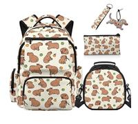 COEQINE 5 Piece Capybara Backpack and Lunch Box Set for Kids Elementary School Backpacks Boys Third Grade with Wide Padded Shoulder Strap and Large Pencil Case Animal Keychain For Bookbag Travel