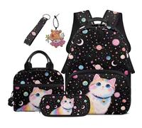 COEQINE 5 Piece Cat Backpack With Lunch Box For Girls 1ST Grade Space Black Keychain Bookbag with Water Bottle Holder and Laptop Compartment Lightweigh Ideal as Back To School Gift